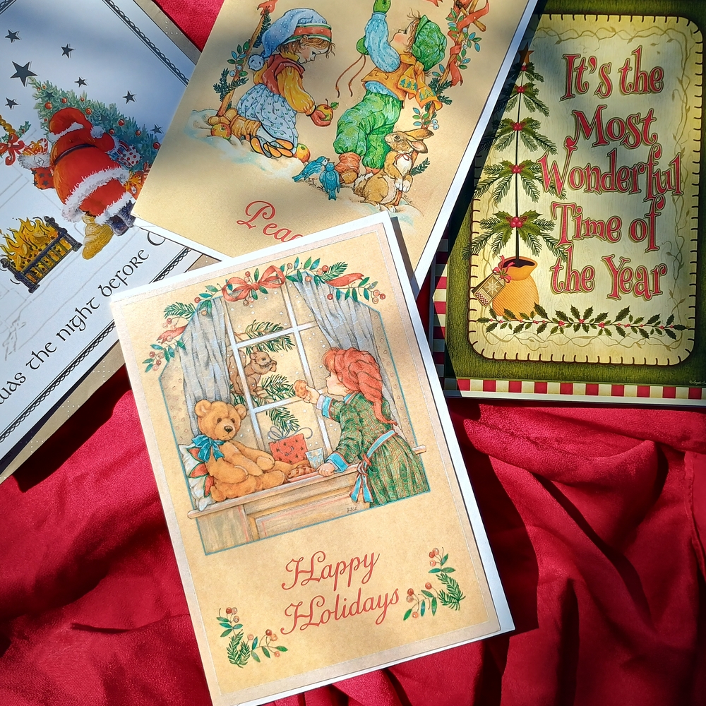 Vintage bundle, 4 Holiday Greeting or Christmas cards w envelopes, Christmascore